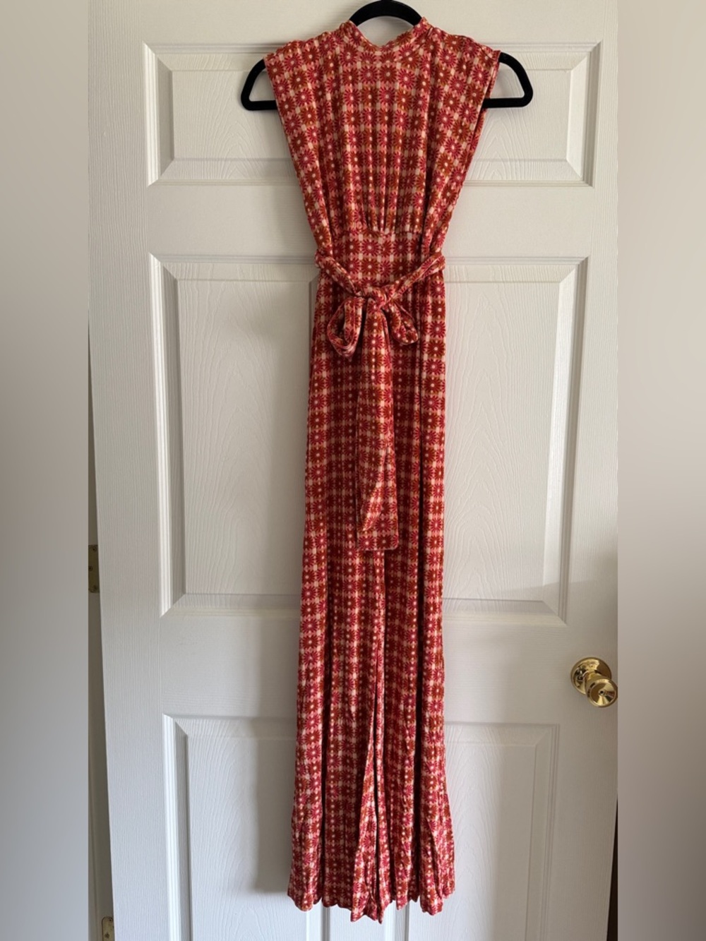 Free People Floral Gingham Sleeveless Maxi Jumpsuit Wide Leg Tie Waist | NS